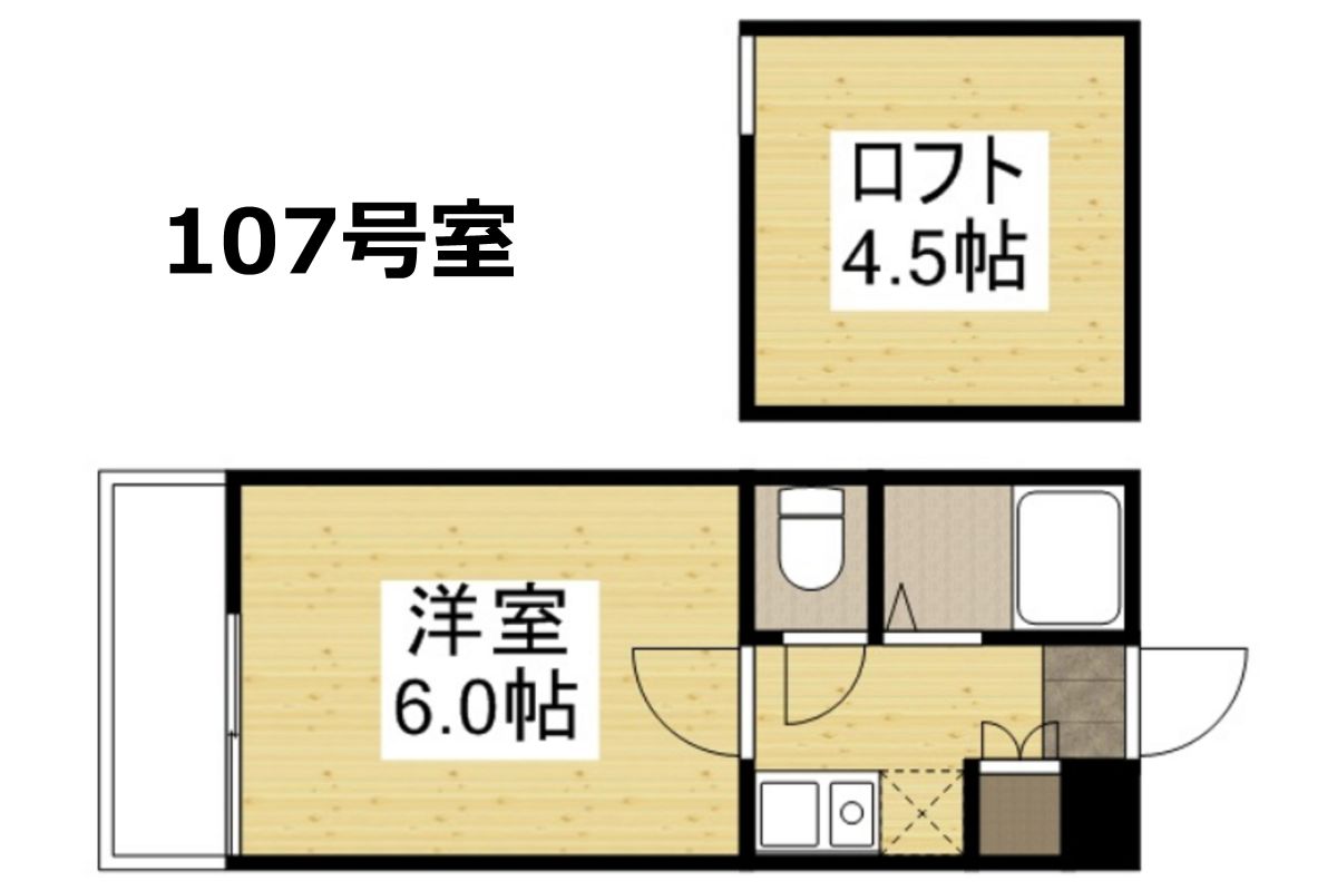 間取図です。ロフト付きのお部屋ですので、複数名でのご利用でもOK!また、ロフト付きのお部屋ですので天井も高く広々としています。水島工業地帯には多数の工場があり、鷲羽山から見下ろす夜景はとても綺麗でオススメです!お車があるお客様はぜひ足を運んでみてくださいね^^